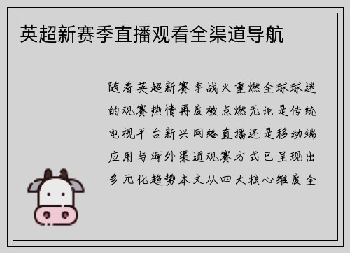 英超新赛季直播观看全渠道导航